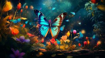 multi colored butterfly flies among vibrant nature beauty photo