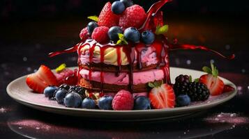 multi colored dessert with strawberry raspberry blueberry photo