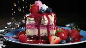multi colored dessert with strawberry raspberry blueberry photo
