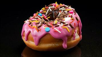 multi colored donut with pink icing and chocolate indulge photo