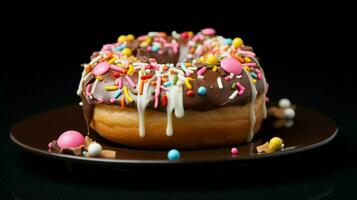 multi colored donut with pink icing and chocolate indulge photo