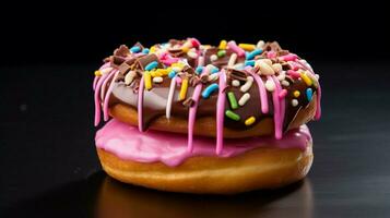 multi colored donut with pink icing and chocolate indulge photo