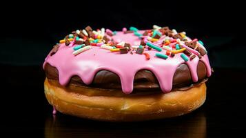 multi colored donut with pink icing and chocolate indulge photo