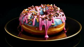 multi colored donut with pink icing and chocolate indulge photo