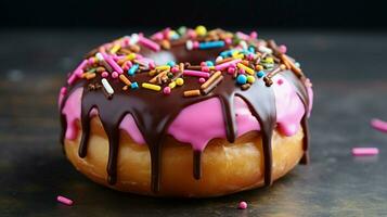 multi colored donut with pink icing and chocolate indulge photo