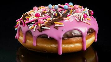 multi de colores rosquilla con rosado Formación de hielo y chocolate complacer foto