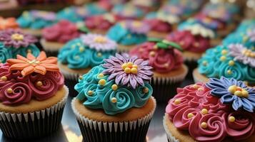 multi colored gourmet cupcakes with ornate decorations photo