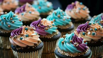 multi colored gourmet cupcakes with ornate decorations photo