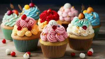 multi colored gourmet cupcakes with sweet icing and cute photo