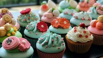 multi colored gourmet cupcakes with sweet icing and cute photo