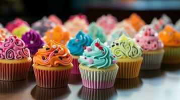 multi colored gourmet cupcakes with sweet icing and cute photo