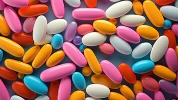 multi colored pills spill abstract pattern of addiction photo