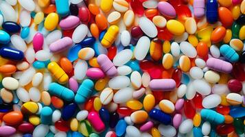 multi colored pills spill abstract pattern of addiction photo