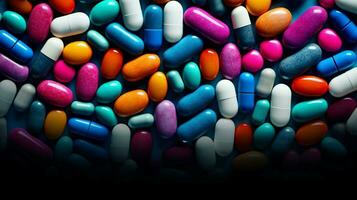 multi colored pills spill abstract pattern of addiction photo