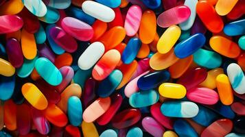 multi colored pills spill abstract pattern of addiction photo