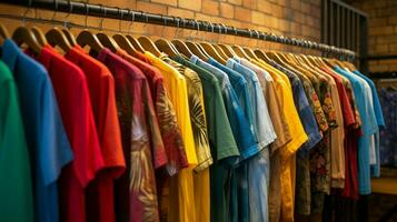 multi de colores camisas colgando en moderno boutique Tienda foto