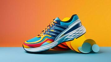 multi colored sports shoe on blue backdrop design photo