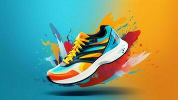 multi colored sports shoe on blue backdrop design photo