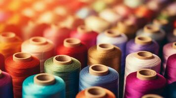 multi colored spool close up sewing thread background photo