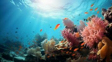 multi ed fish swarm soft coral in tropical reef photo