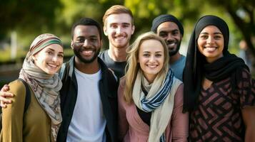 multi étnico grupo de joven adultos sonriente alegremente foto