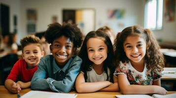 multi ethnic students in classroom smiling learning toget photo