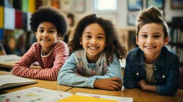 multi étnico estudiantes en salón de clases sonriente aprendizaje Llegar foto