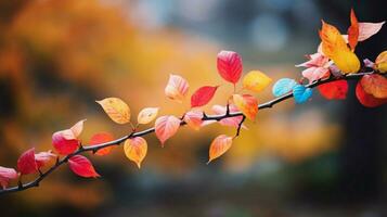 multicolored autumn leaves on tree branch close up photo
