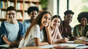 multi étnico estudiantes en salón de clases sonriente aprendizaje Llegar foto