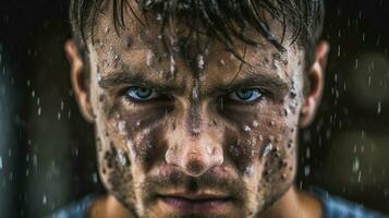 muscular athlete determination in eyes shirtless portrait photo