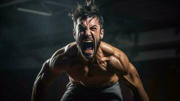 muscular atleta gritando hacer ejercicio para competitivo foto