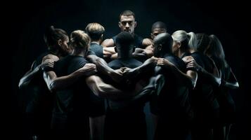 muscular athletes practicing teamwork in black background photo