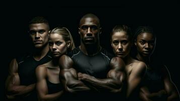 muscular athletes practicing teamwork in black background photo