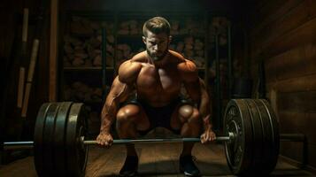 muscular man prepares for weightlifting with concentration photo