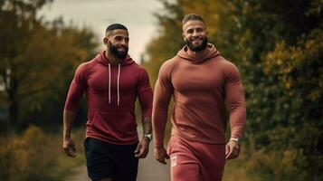 muscular hombres trotar al aire libre en Deportes ropa foto