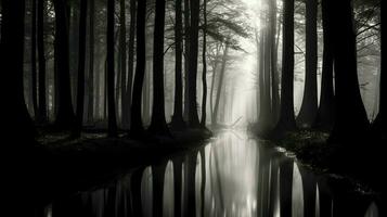 mysterious forest silhouette tranquil scene black and white photo