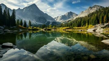 naturaleza belleza reflejado en tranquilo montaña lago foto