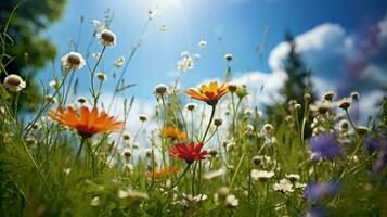 nature beauty in summer meadow with wildflowers photo