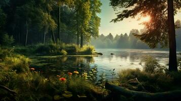 natures beauty tranquil forest with lake photo