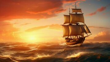 nautical vessel sailing at sunset along coastline photo