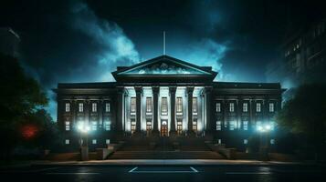 neo classical courthouse facade illuminated at night photo