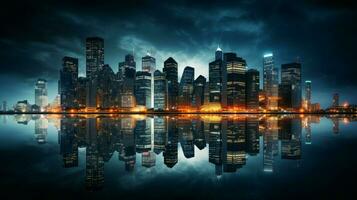 noche paisaje urbano con rascacielos agua reflexión y arco foto