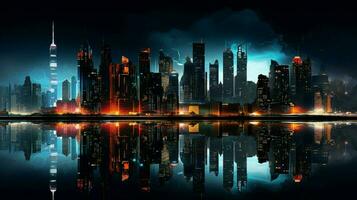 noche paisaje urbano con rascacielos agua reflexión y arco foto