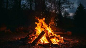 night fire illuminates nature bonfire in dark outdoors photo