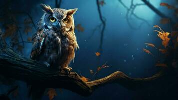 night owl perched on spooky tree branch photo