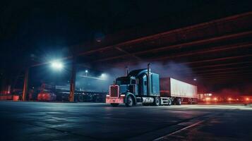 night trucking delivers cargo to steel warehouse photo