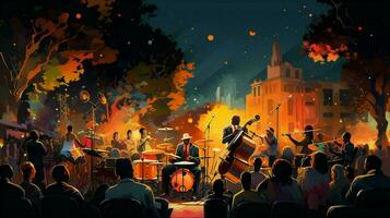 nighttime concert musicians play to excited crowd photo