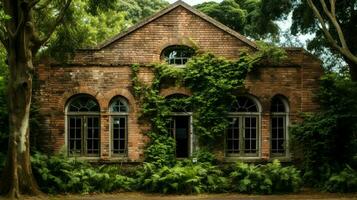 old brick building feature surrounded by nature leafy photo