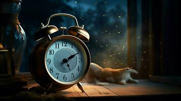 old fashioned alarm clock rings at midnight alerting photo