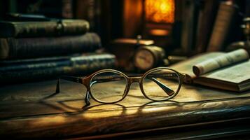 old fashioned eyeglasses on antique wooden desk working photo